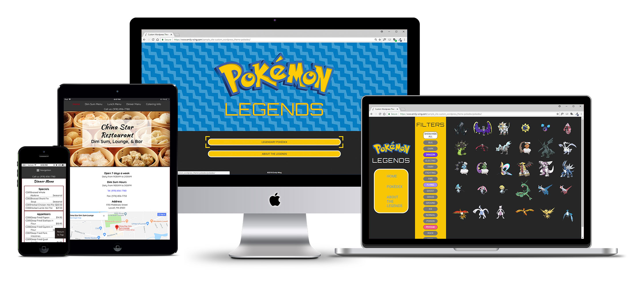 mockup of various websites' responsive design on a desktop, laptop, tablet, and iphone 5